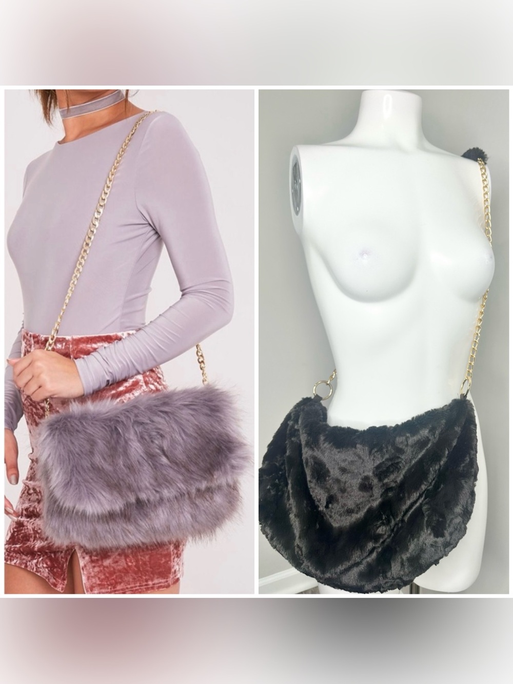 Faux Fur Chain Shoulder Bag - one size